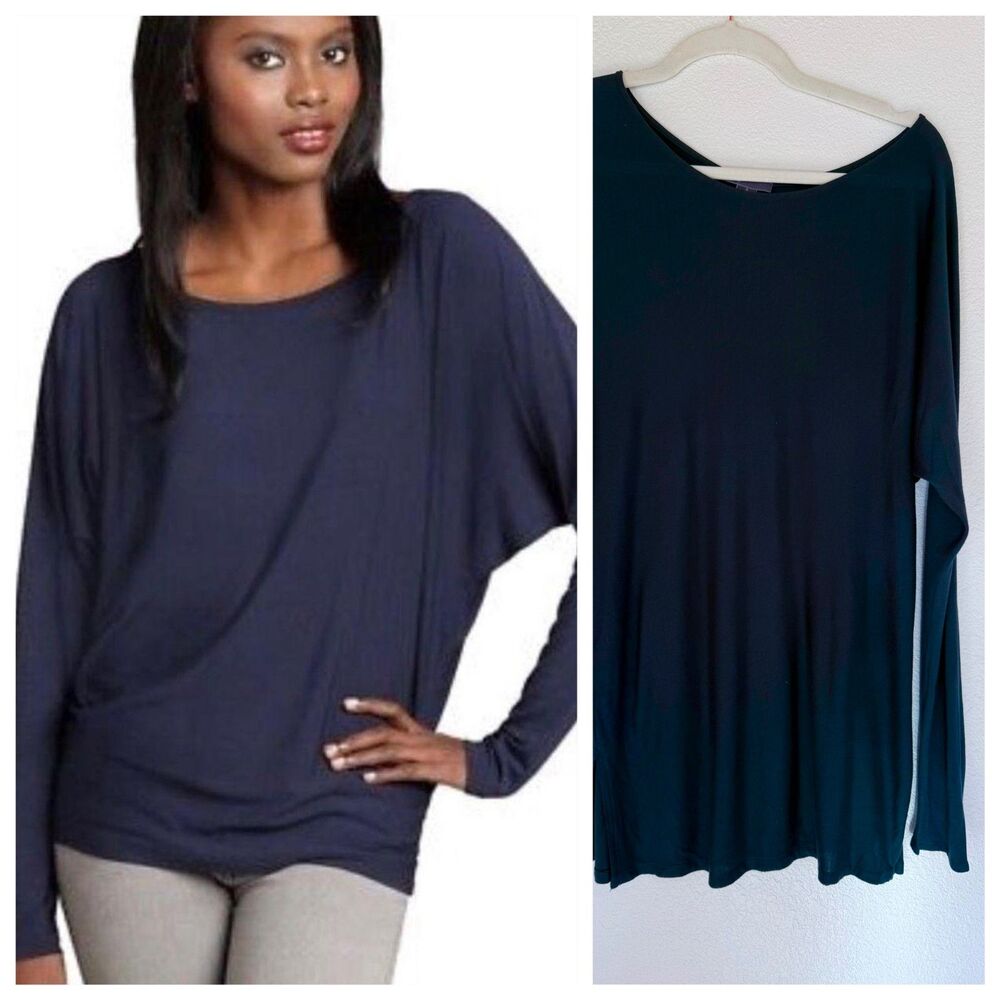 Vince. Flow Tunic Long Dolman Sleeve Viscose Jersey Boat Neck Top in Green Black